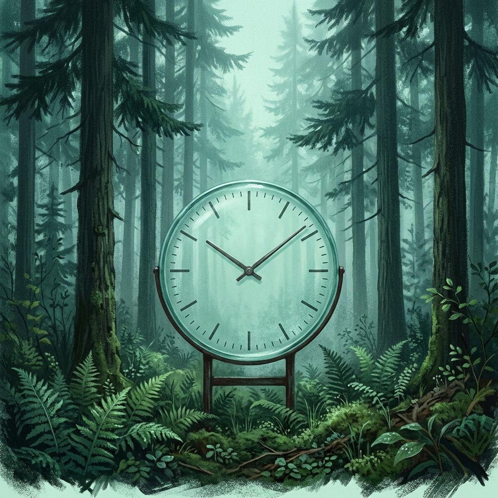 An illustration of a round glass clock standing among ferns in a misty pine forest